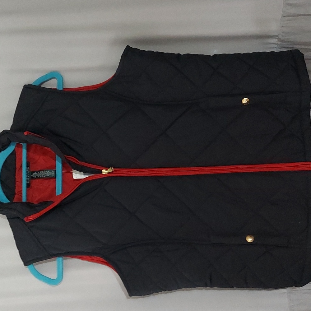 Ralph Lauren Lauren Black Puffer Classic Red Lining Vest Sz L